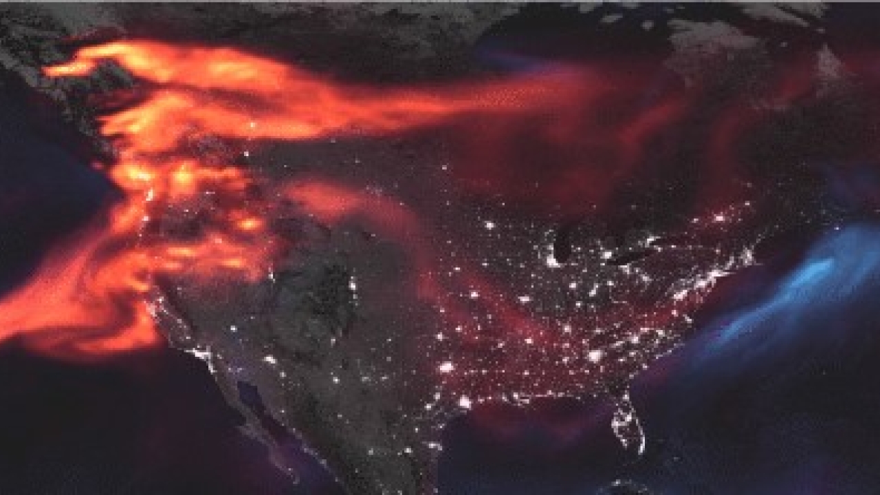A satellite image of North America from space with an overlay of red and orange gasses