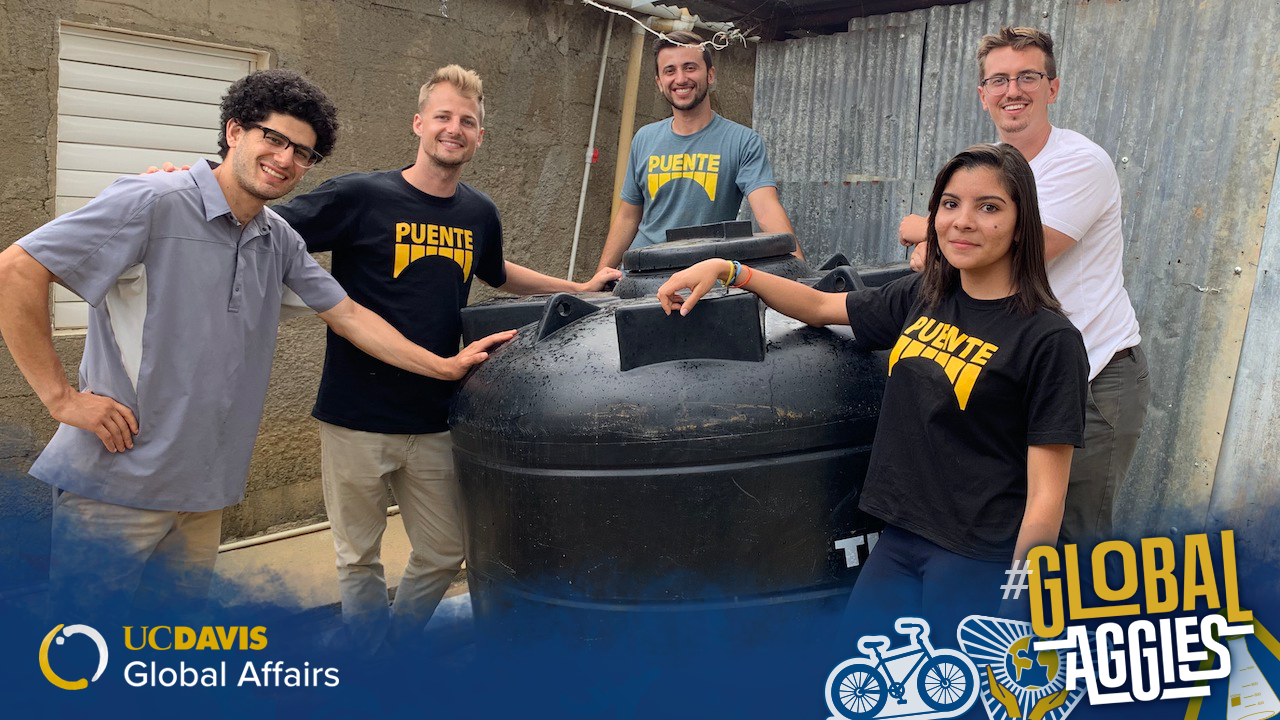 Tiven Buggy M.S. ’20 (second from left) and teammates from the nonprofit, Puente, take a break during construction of a rainwater harvesting water tank. Courtesy of Tiven Buggy.