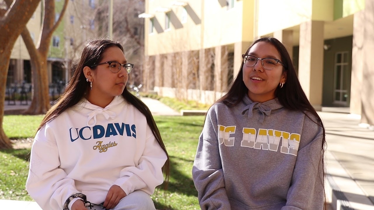 Two twins in UC Davis sweaters sit outside near a building