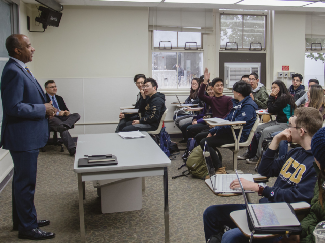 UC Davis Chancellor Gary May visits Professor Ricardo Castro’s “Science of Superheroes” class to chat with students