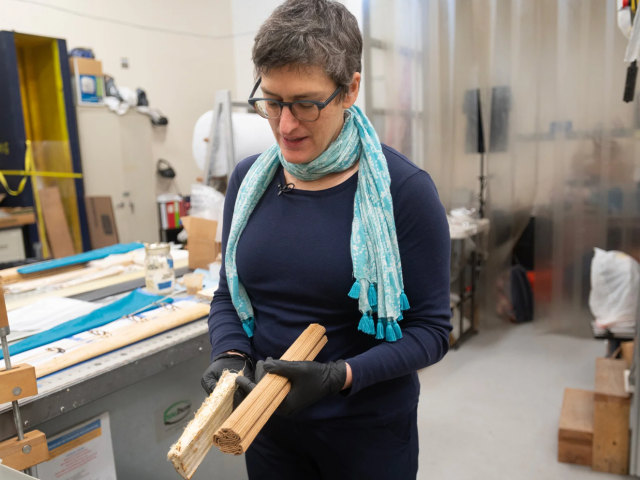 Woman holds rectangular materials in a lab