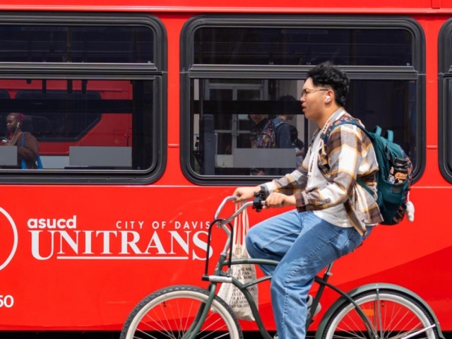 Young man wearing backpack cycling past red bus with white Unistrans logo