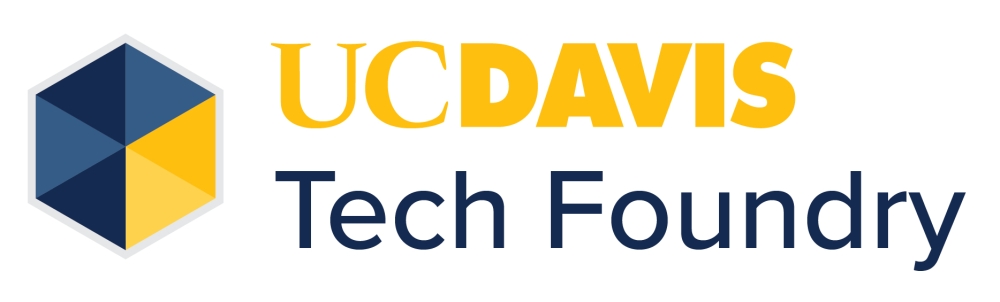 A graphic with a cube icon and stylized text reading "UC Davis Tech Foundry"