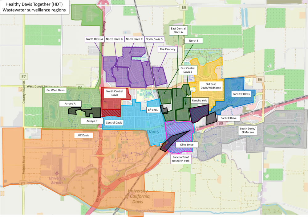 A map of the 24 wastewater surveillance regions in the city of Davis