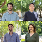 Four faculty photos on top of a blue and white background