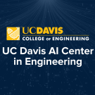The UC Davis College of Engineering Logo and the words "UC Davis Center in Engineering" on a navy blue background of strings of code