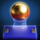 A gold sphere levitates over a semiconductor on a blue background