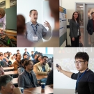 A collage of students, professors, and speakers engaging with each other