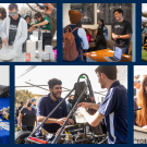 A collage of photos from past years' Engineering Student Club Fairs, featuring students interacting with club representatives and booths