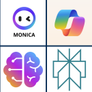 clockwise from top left, are logos for the assistants Monica, Copilot, Perplexity and Sider. 