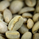 A close-up photo of green coffee beans