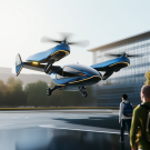 A digitally generated image of two students wearing backpacks walking toward an electric vertical takeoff and landing vehicle
