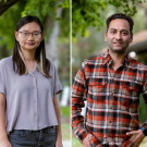 two portrait photos of postdoctoral scholars; on the left, Qing He has dark hair and wears glasses and a lavender shirt; on the right, Manohar Prasad Bhandari has dark hair and wears a red flannel shirt