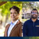 Alexander Gamero-Garrido wears a brown sport coat and stands in front of a natural background; Nishant Acharya wears a UC Davis three-quarter zip sweatshirt that says "UC Davis Computer Engineering in gold and white lettering." 