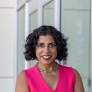 Raissa M. D'Souza, associate dean of research for the UC Davis College of Engineering wearing a pink vest and standing with her arms crossed