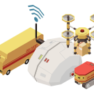 Four illustrated yellow, white, and red delivery robots