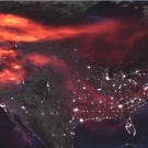 A satellite image of North America from space with an overlay of red and orange gasses